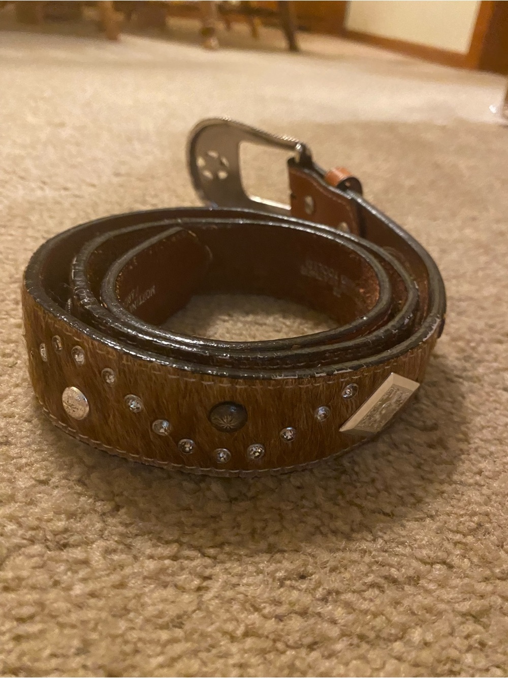 Montana Silversmiths Brown Haircalf Studded Leather Belt with Silver Accents 38